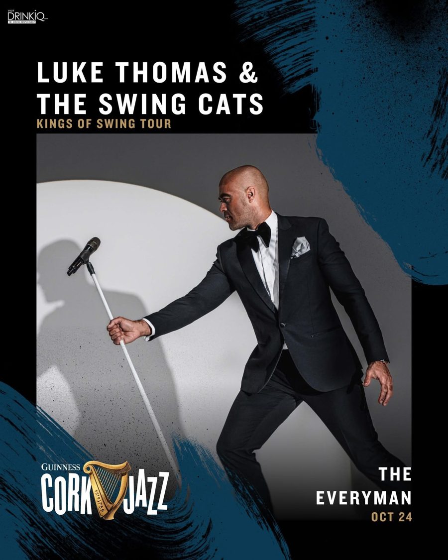 Guinness Cork Jazz poster: Luke Thomas in a tuxedo with a microphone stand, Kings of Swing Tour, The Everyman, October 24