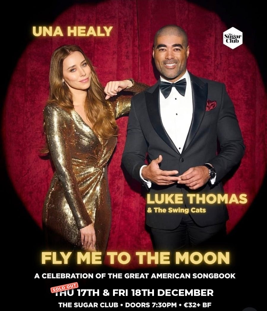 Poster for Fly Me to the Moon: Una Healy in a gold sequinned dress and Luke Thomas in a tuxedo in front of a red velvet curtain: Fly Me to the Moon, Thursday 17 and Friday 18 December at The Sugar Club