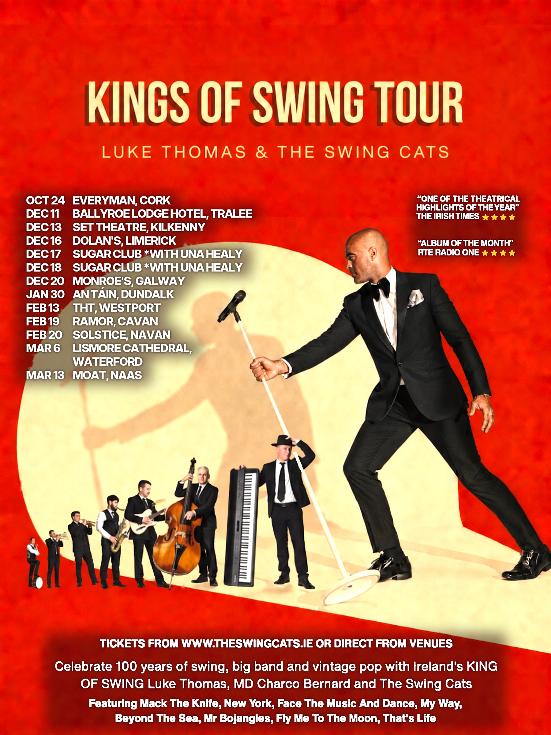 Kings of Swing Tour poster: Luke Thomas in a tuxedo with a vintage microphone stand, the band lined up beneath him in a spotlight, with the full list of tour dates from October 2026 to March 2027